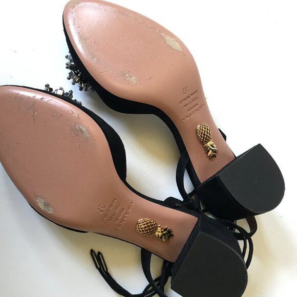 Aquazzura Monaco Pumps 50 Heels Womens 37 7 Black Suede Crystals Lace Up Sandals - Picture 9 of 12